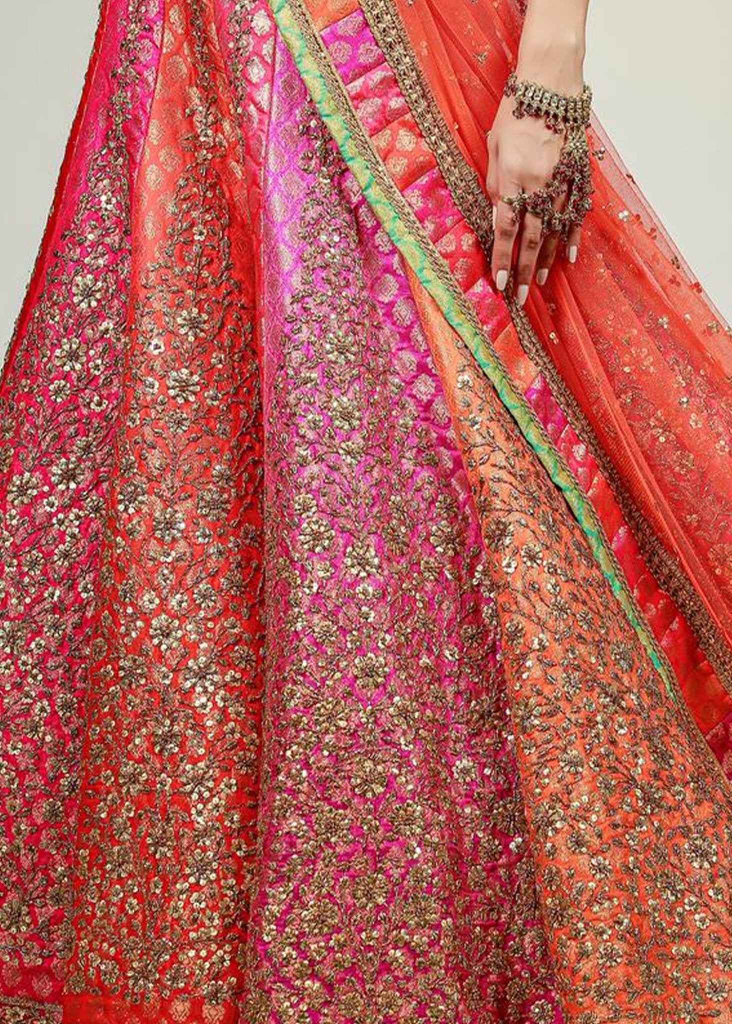Gold Multicolour Banarasi Jamawar Lehenga Set (3-Piece) - Image 4