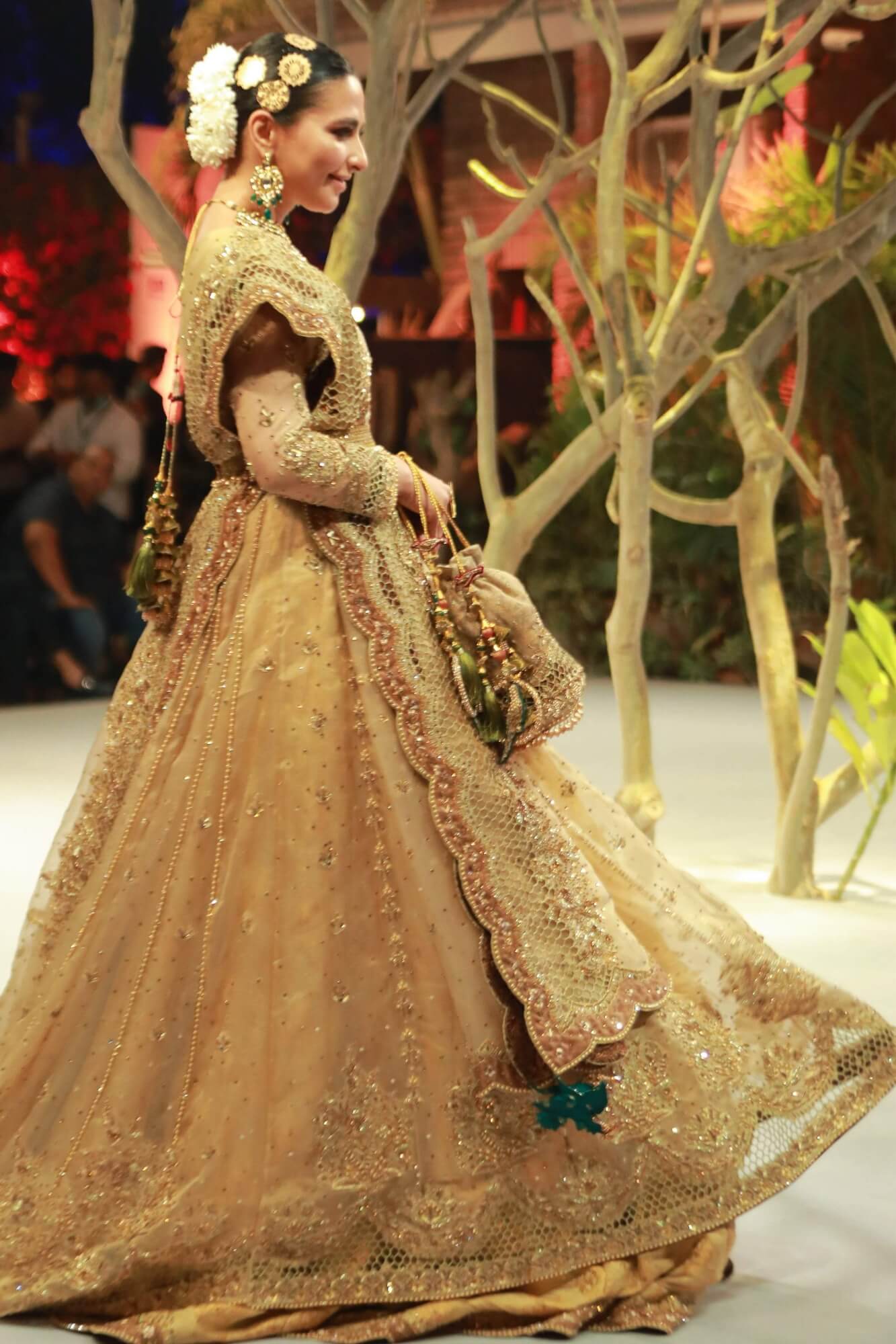 Gold Embroidered Tissue Net Kalidar Lehenga (3-Piece) - Image 1