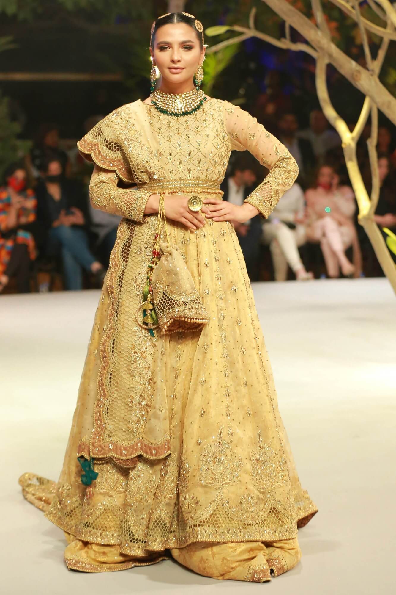 Gold Embroidered Tissue Net Kalidar Lehenga (3-Piece) - Image 2