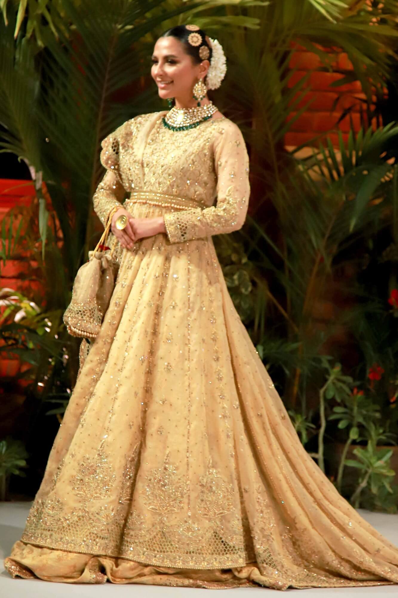 Gold Embroidered Tissue Net Kalidar Lehenga (3-Piece) - Image 4
