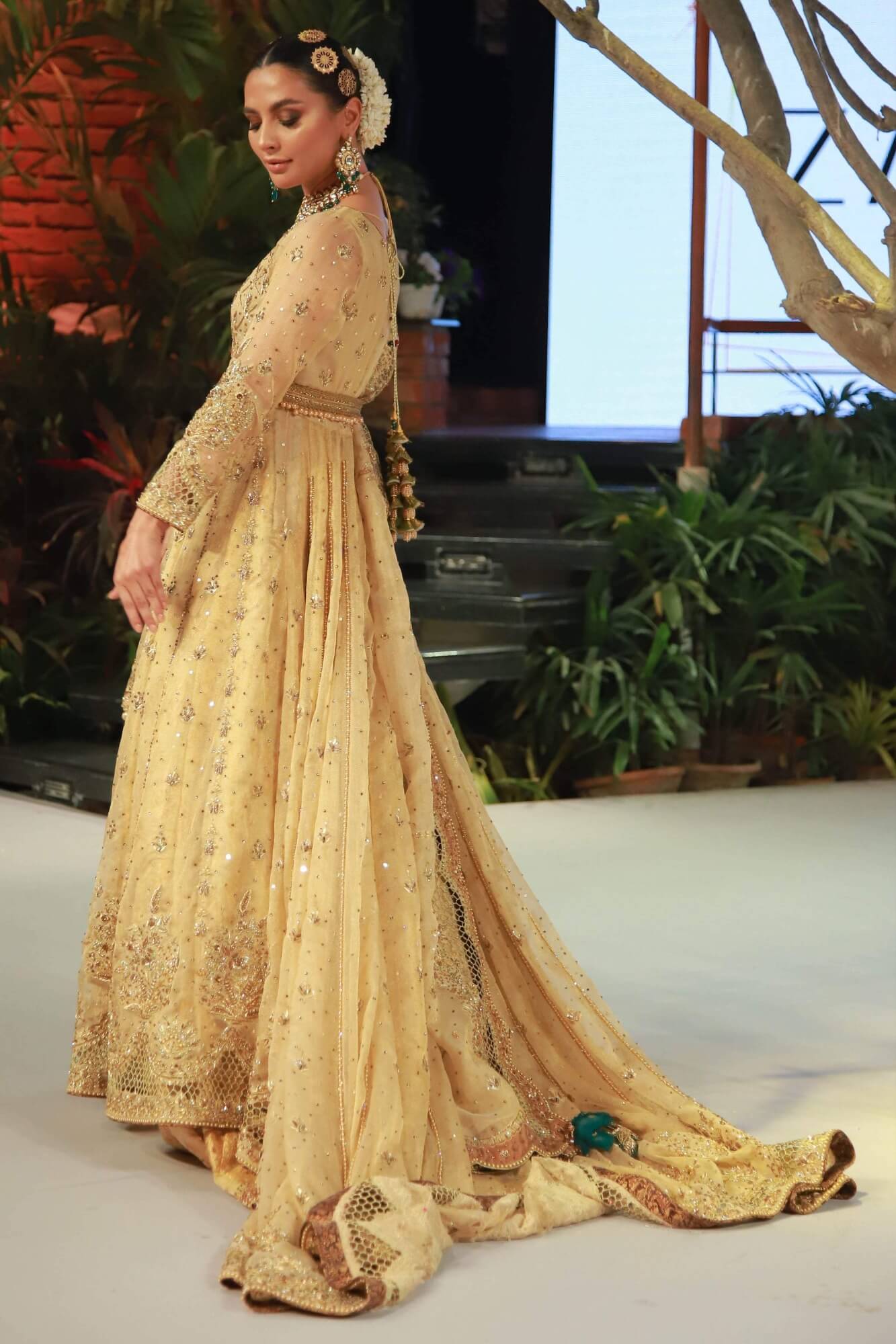 Gold Embroidered Tissue Net Kalidar Lehenga (3-Piece) - Image 5