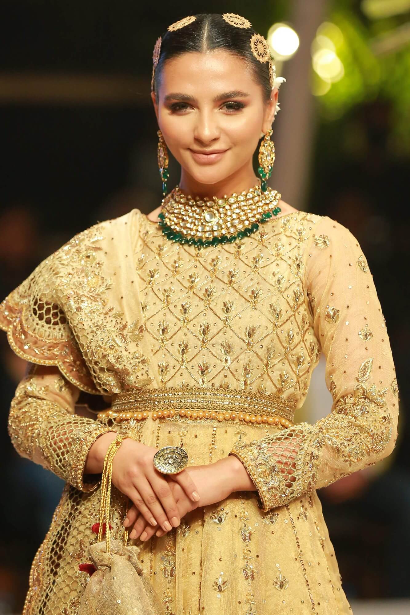 Gold Embroidered Tissue Net Kalidar Lehenga (3-Piece) - Image 6