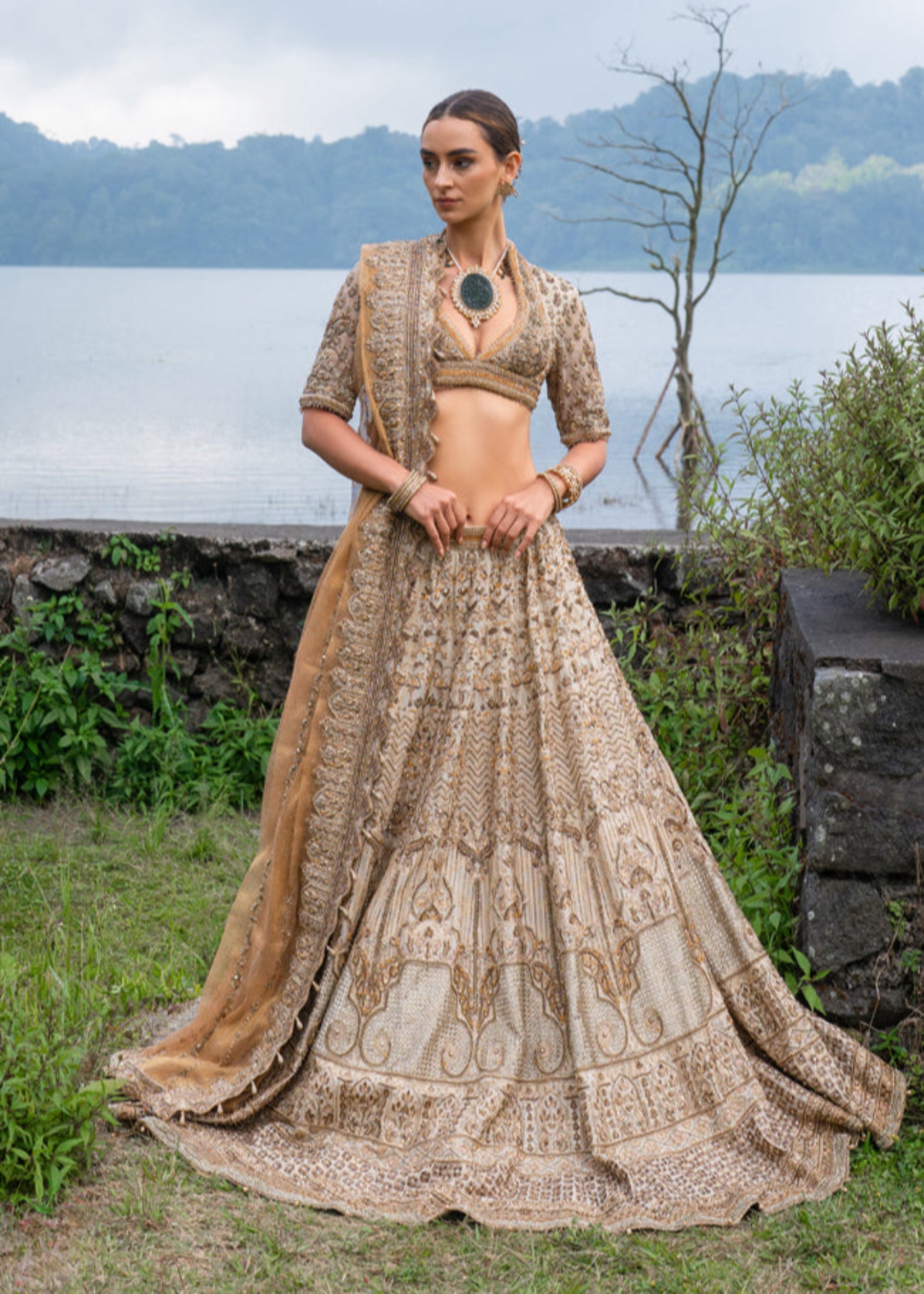 Pakistani Gold Embroidered Tissue Banarsi Bridal Lehenga Choli (3-Piece) - Image 2