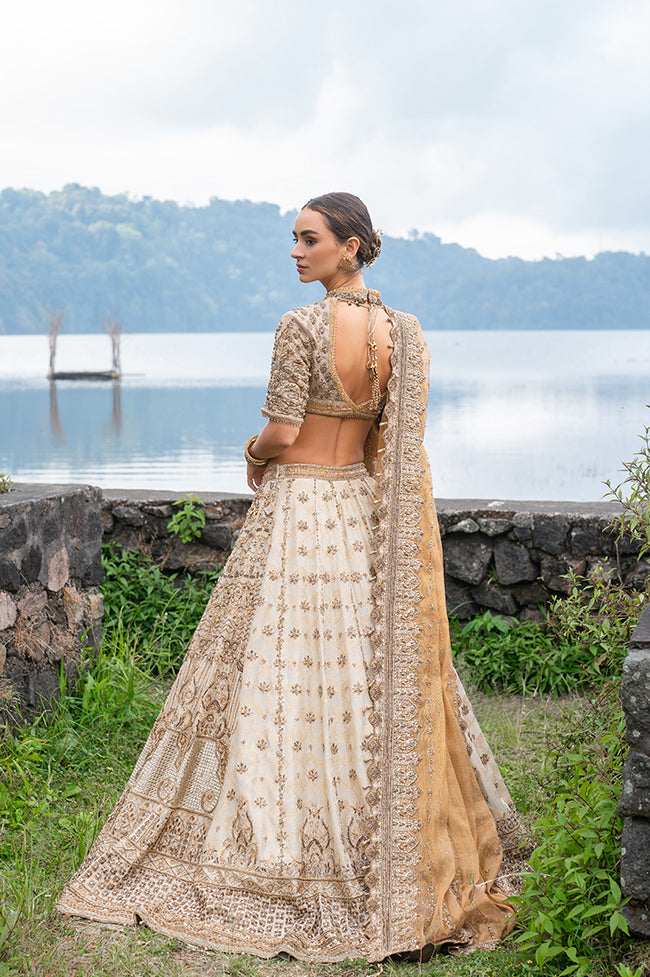 Pakistani Gold Embroidered Tissue Banarsi Bridal Lehenga Choli (3-Piece) - Image 3
