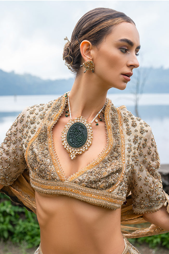 Pakistani Gold Embroidered Tissue Banarsi Bridal Lehenga Choli (3-Piece) - Image 4