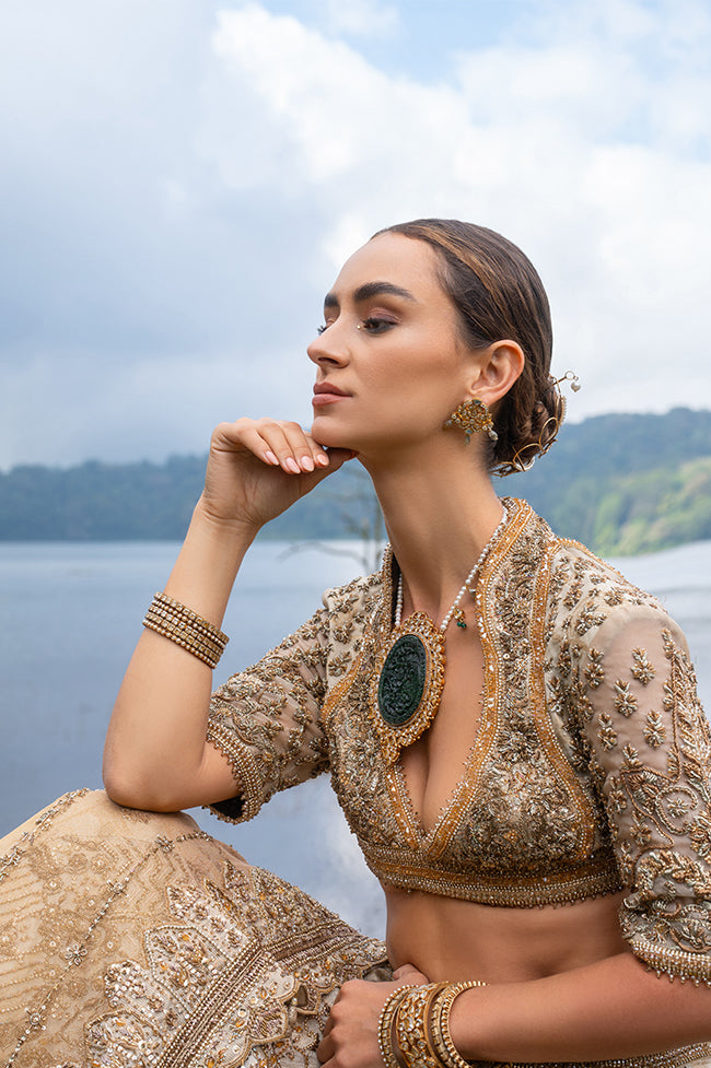 Pakistani Gold Embroidered Tissue Banarsi Bridal Lehenga Choli (3-Piece) - Image 5