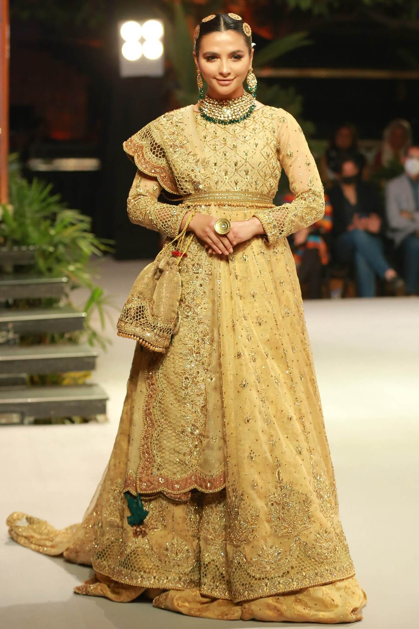 Gold Embroidered Tissue Net Kalidar Lehenga (3-Piece) - Image 3