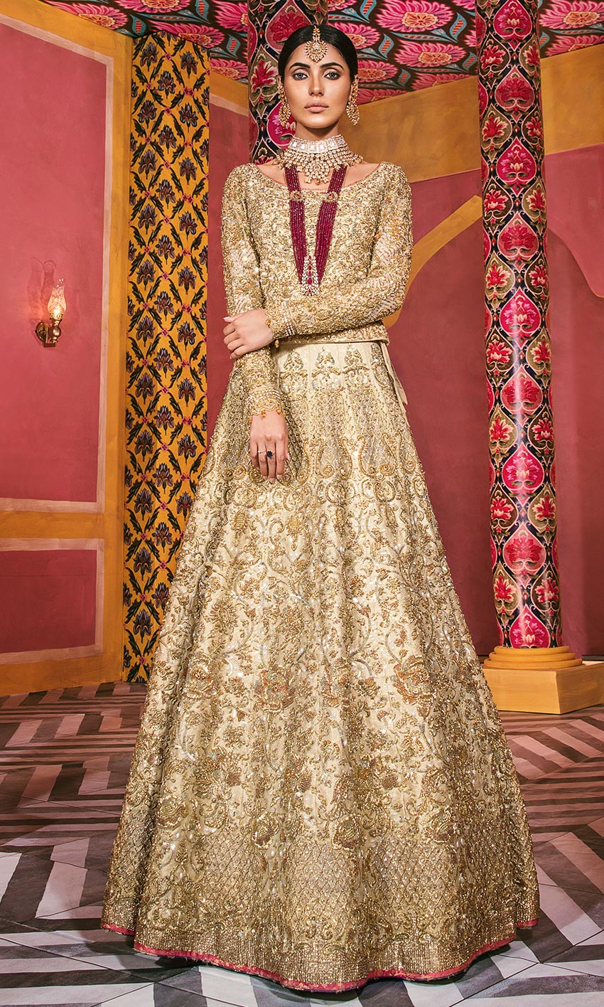 Gold Banarsi Embroidered Bridal Lehenga Choli (3-Piece) - Image 1