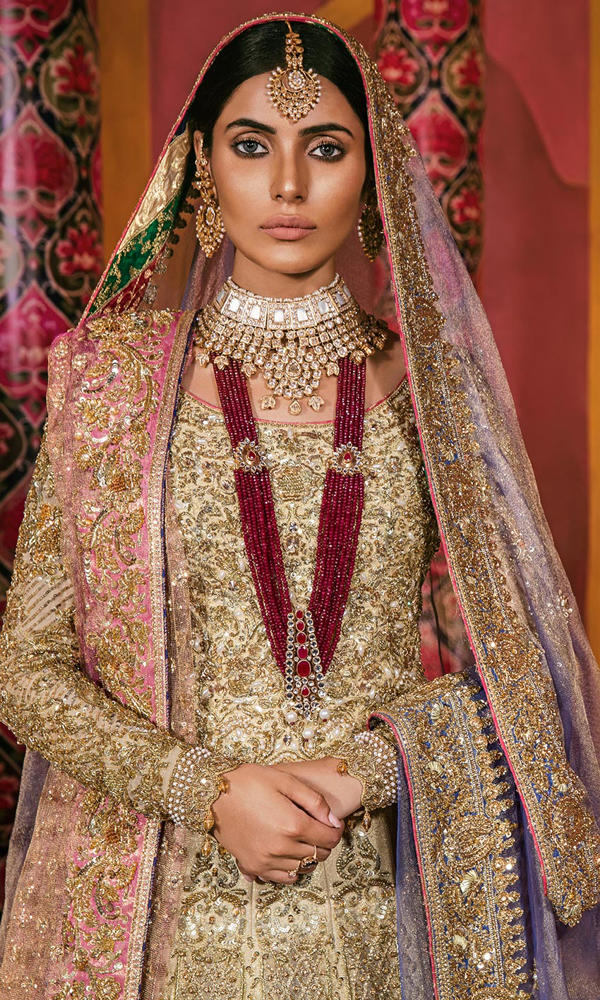 Gold Banarsi Embroidered Bridal Lehenga Choli (3-Piece) - Image 5