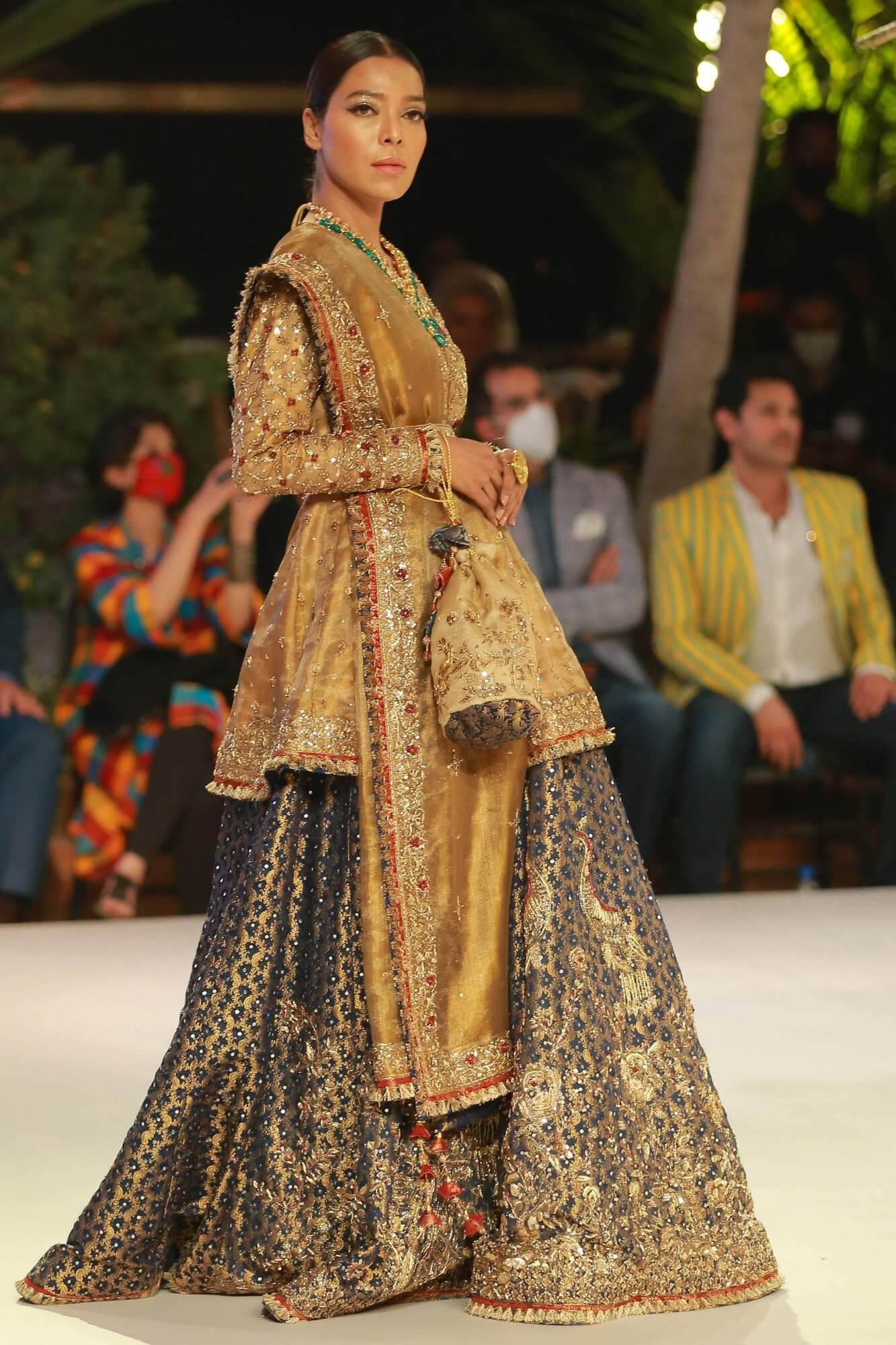 Pakistani Gold & Royal Blue Embroidered Tissue Peplum Lehenga (3-Piece) - Image 1