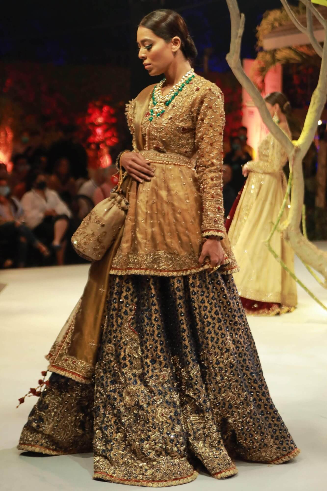 Pakistani Gold & Royal Blue Embroidered Tissue Peplum Lehenga (3-Piece) - Image 3