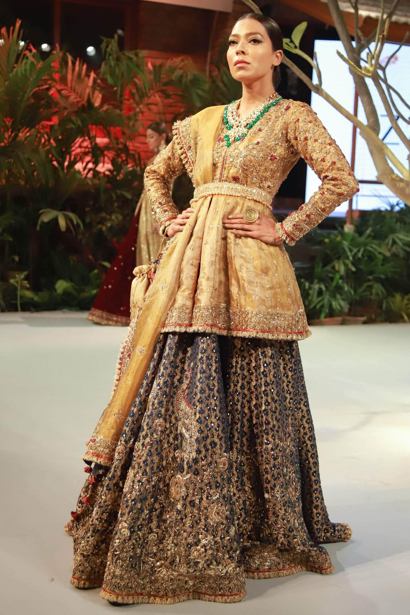 Pakistani Gold & Royal Blue Embroidered Tissue Peplum Lehenga (3-Piece) - Image 5