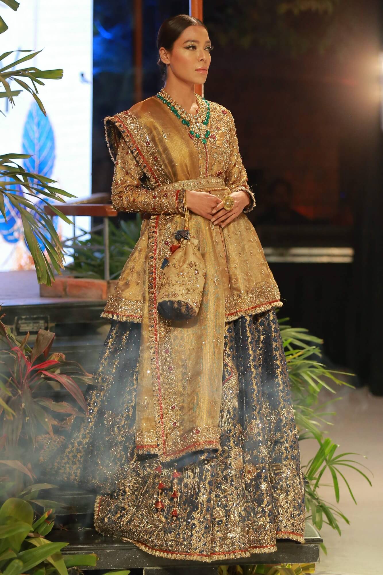 Pakistani Gold & Royal Blue Embroidered Tissue Peplum Lehenga (3-Piece) - Image 6