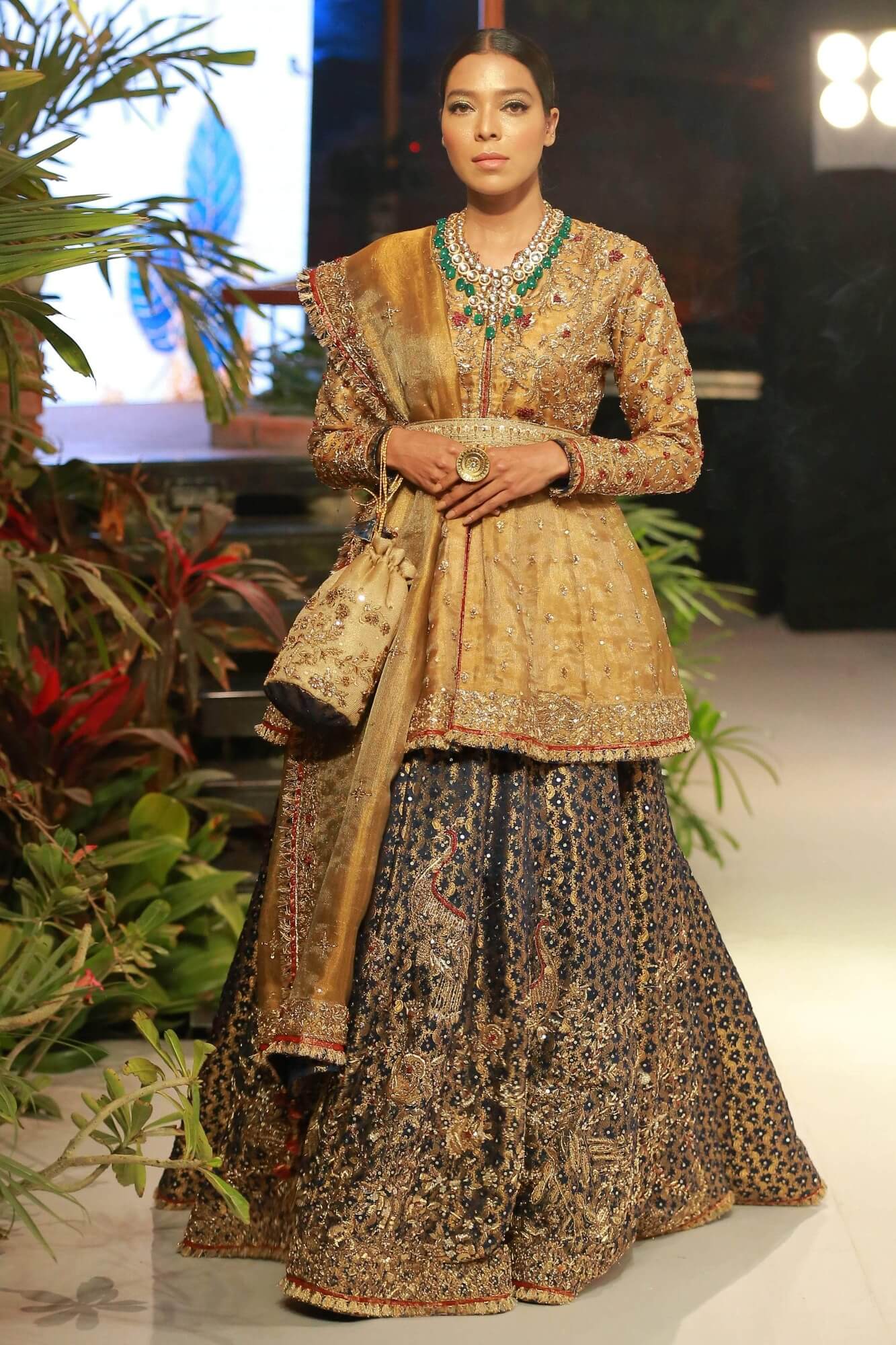 Gold & Royal Blue Embroidered Tissue Banarsi Lehenga (3-Piece) - Image 2