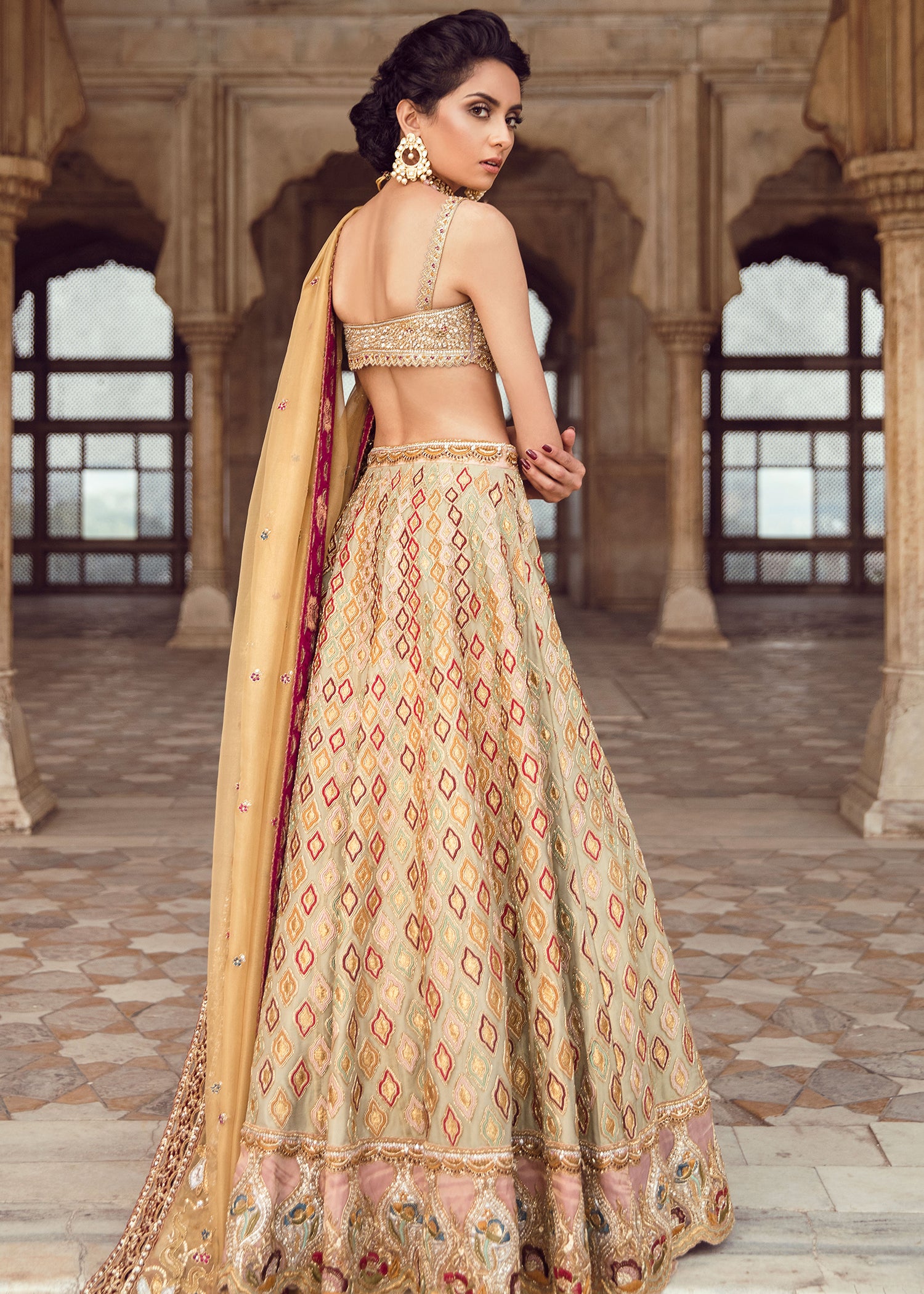 Gold Maroon Embellished Silk-Blend Lehenga Choli (3-Piece) - Image 5