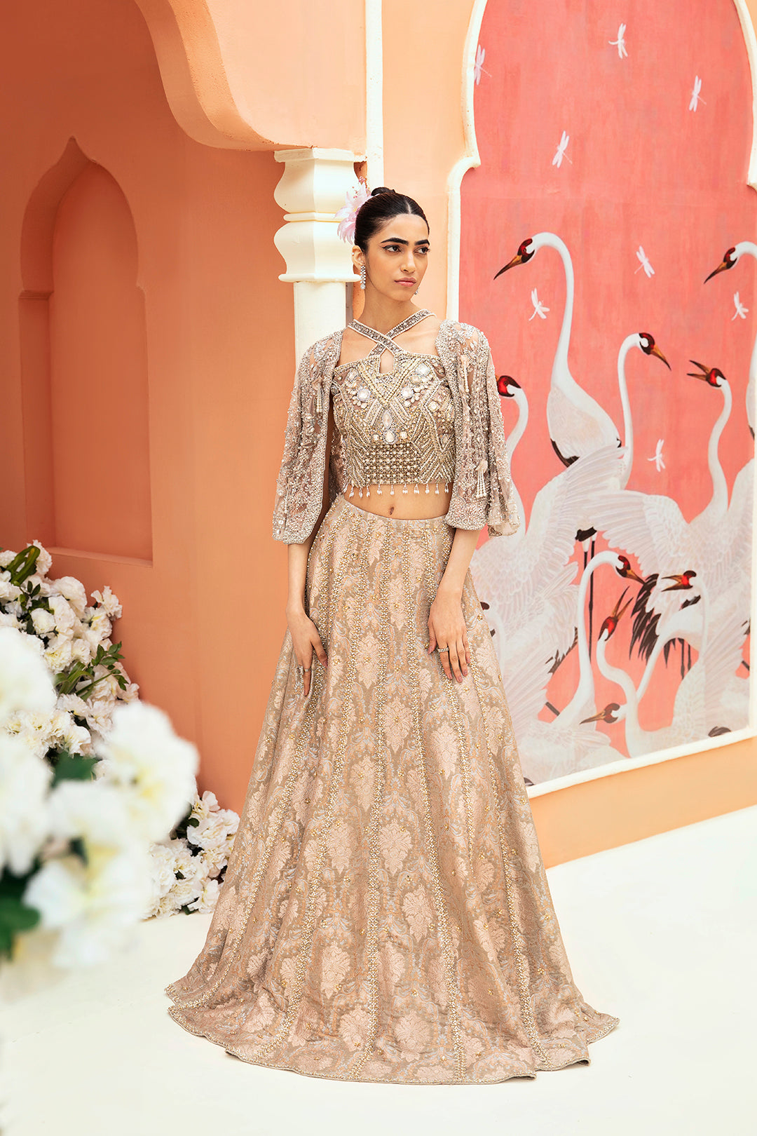Pakistani Champagne Embellished Brocade Lehenga Choli (3-Piece) - Image 1