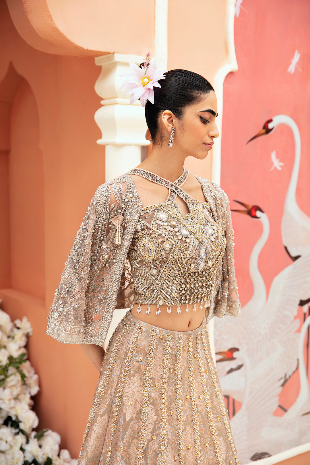 Pakistani Champagne Embellished Brocade Lehenga Choli (3-Piece) - Image 2