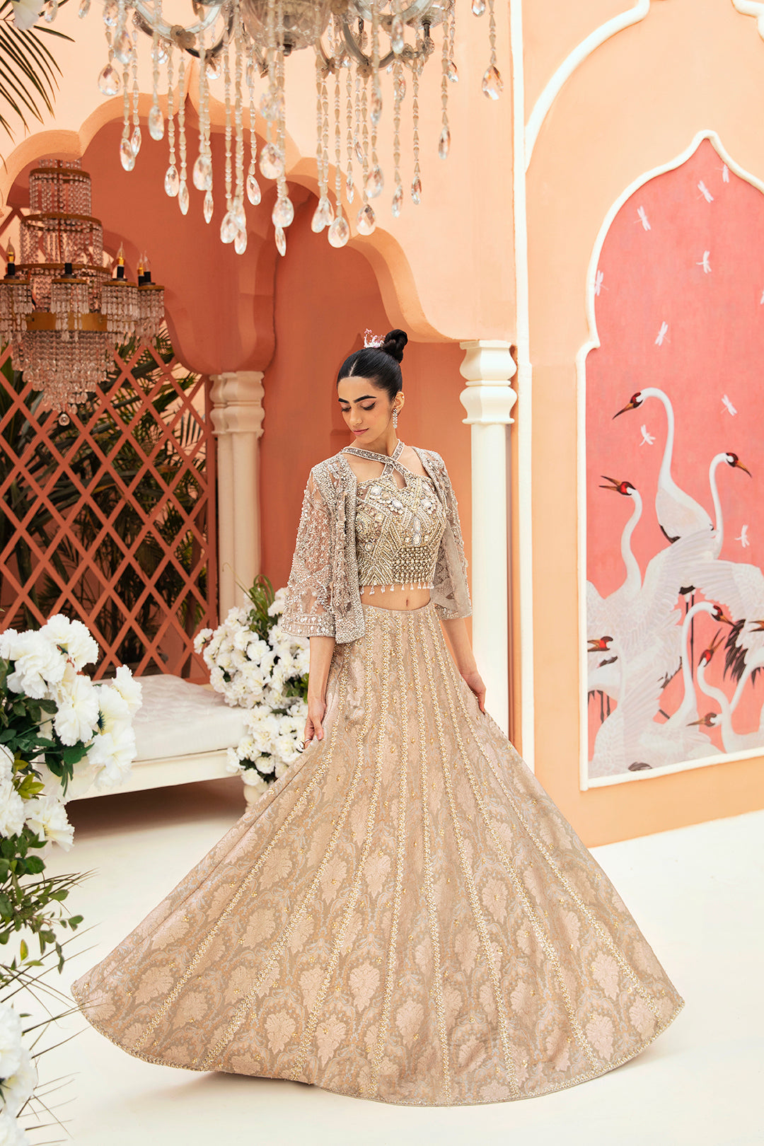 Pakistani Champagne Embellished Brocade Lehenga Choli (3-Piece) - Image 3