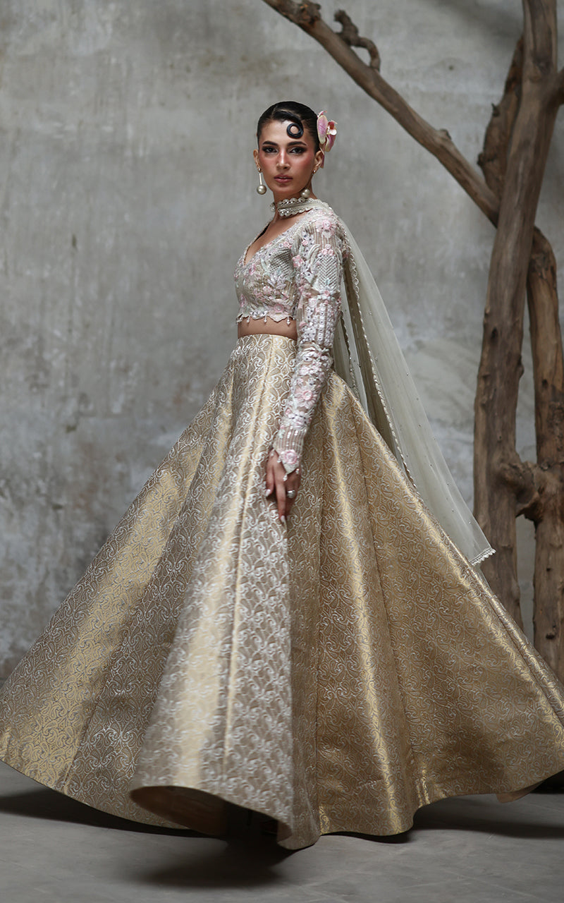 Gold Brocade Lehenga with Pastel Embroidered Organza Blouse (3-Piece) - Image 1