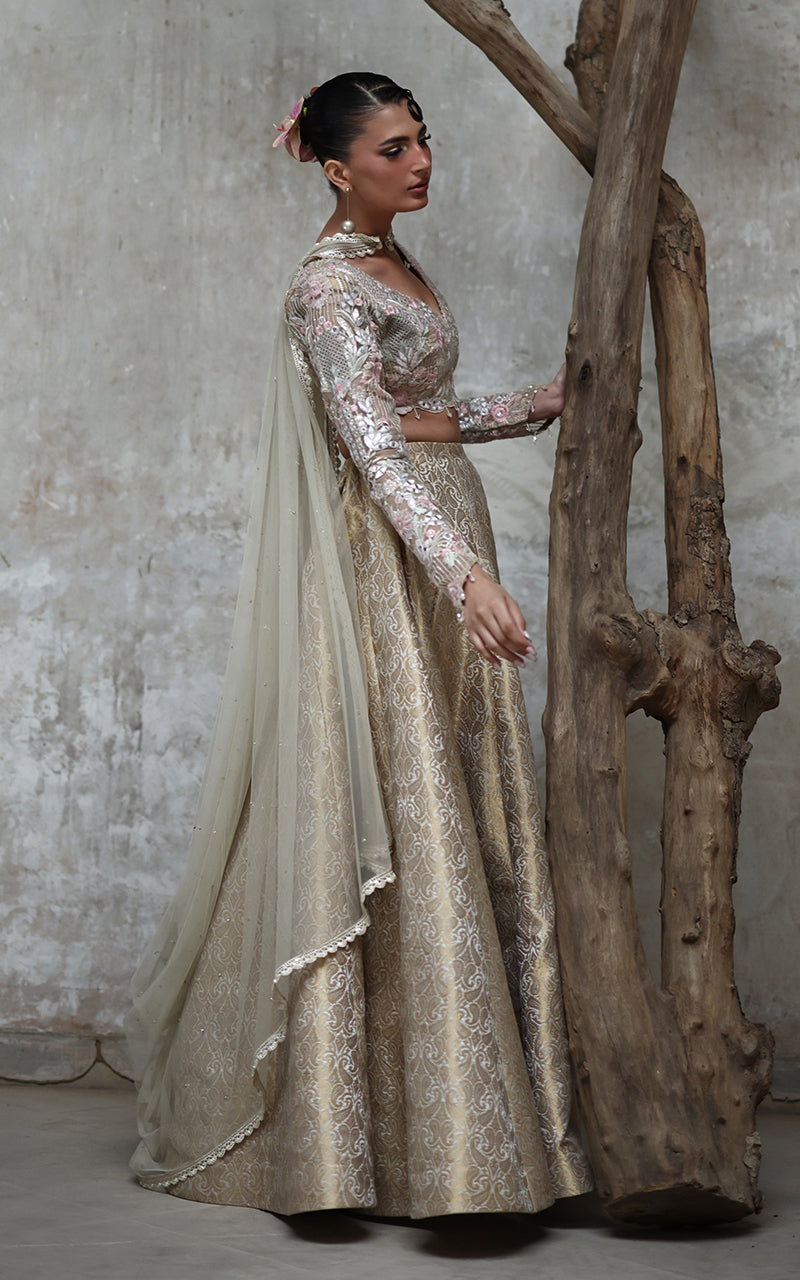 Gold Brocade Lehenga with Pastel Embroidered Organza Blouse (3-Piece) - Image 10
