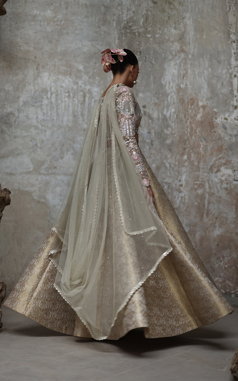 Gold Brocade Lehenga with Pastel Embroidered Organza Blouse (3-Piece) - Image 11