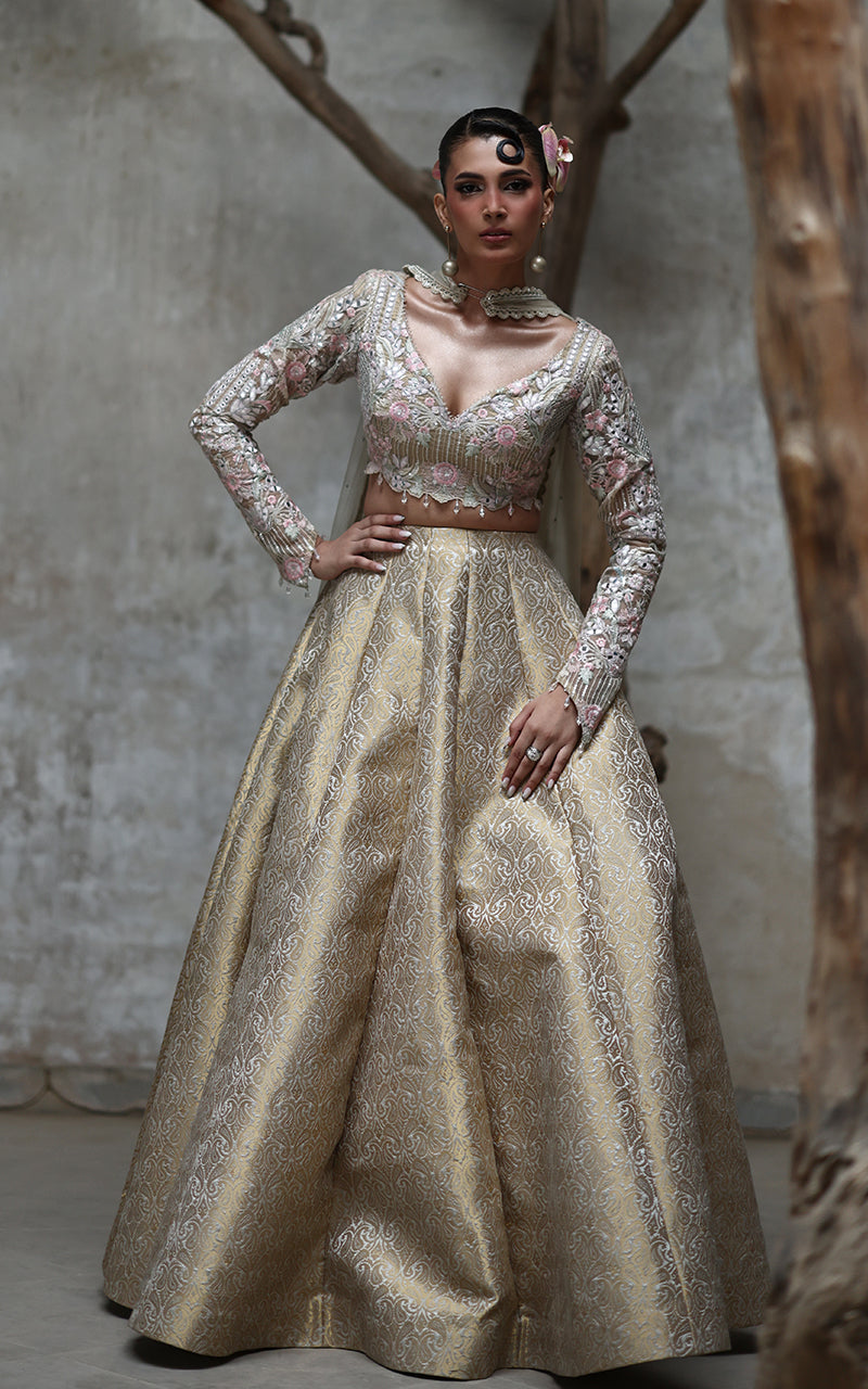 Gold Brocade Lehenga with Pastel Embroidered Organza Blouse (3-Piece) - Image 3