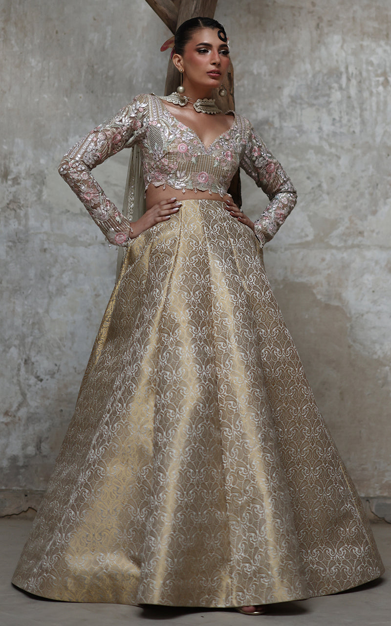 Gold Brocade Lehenga with Pastel Embroidered Organza Blouse (3-Piece) - Image 4