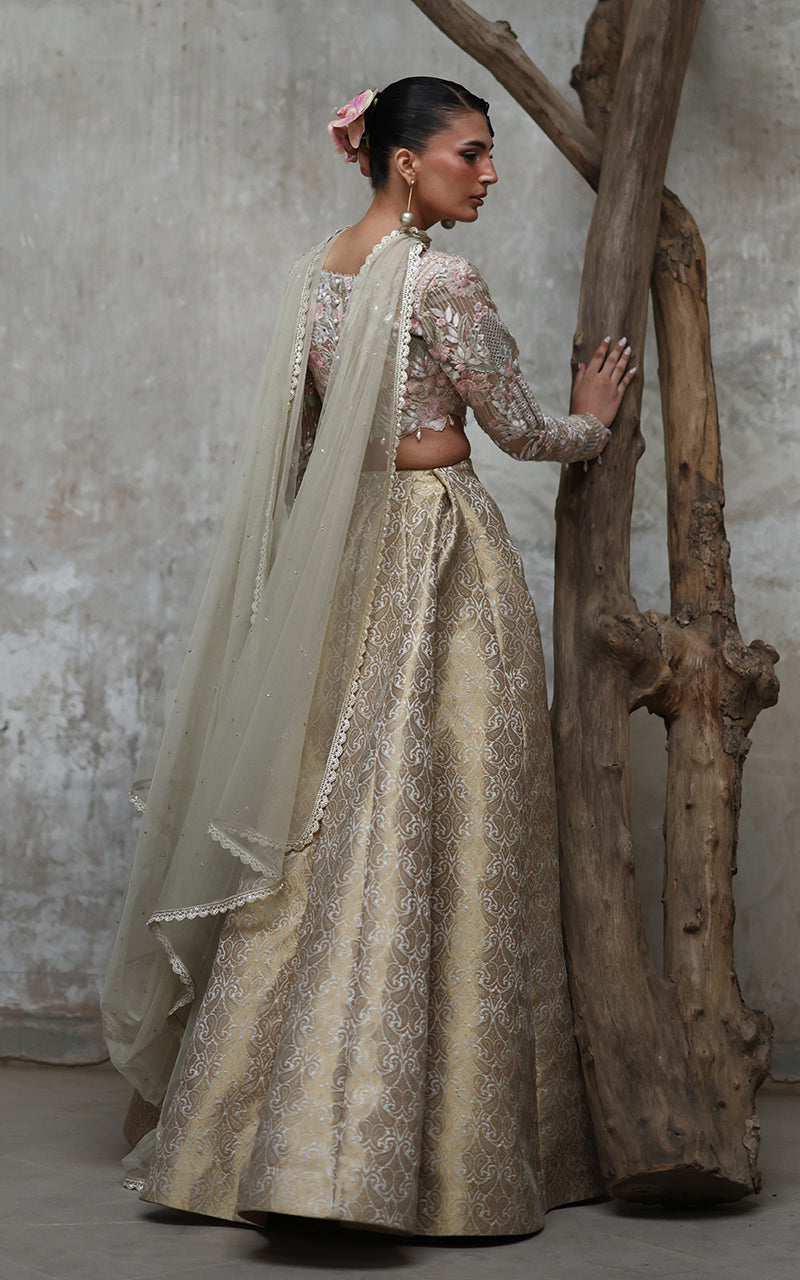 Gold Brocade Lehenga with Pastel Embroidered Organza Blouse (3-Piece) - Image 5