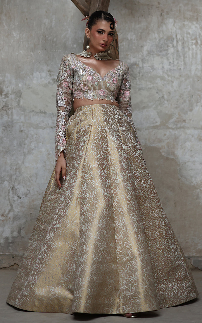 Gold Brocade Lehenga with Pastel Embroidered Organza Blouse (3-Piece) - Image 8