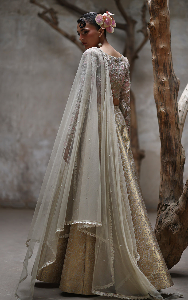 Gold Brocade Lehenga with Pastel Embroidered Organza Blouse (3-Piece) - Image 9