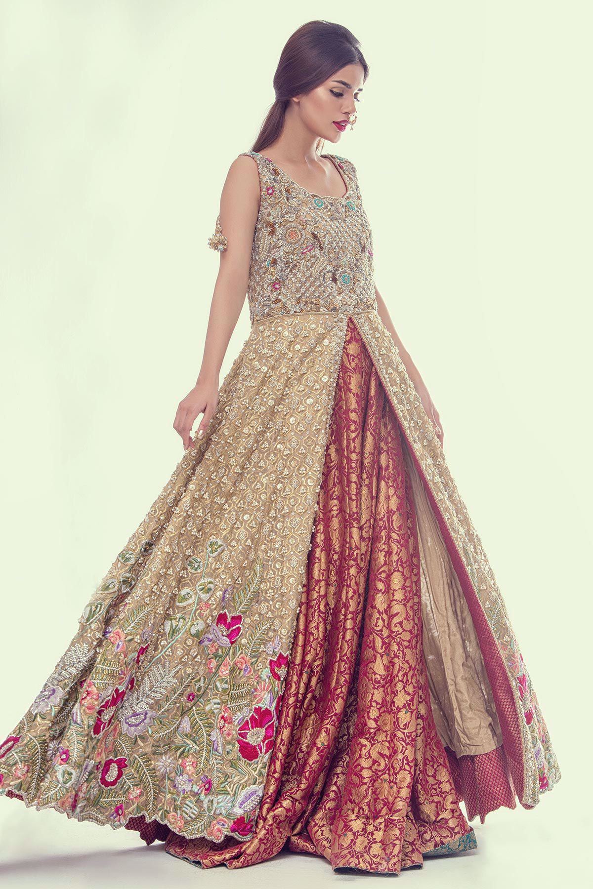 Gold Embroidered Lamé Jacket with Brocade Lehenga (2-Piece) - Image 1