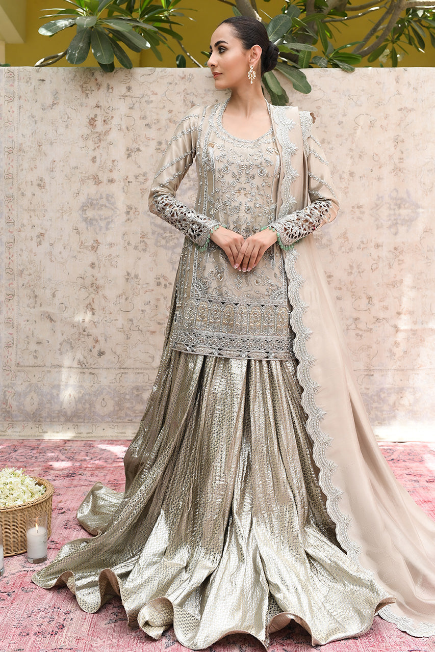 Pakistani Light Butterscotch Handworked Tissue Shirt & Silver Brocade Lehenga (3-Piece) - Image 1