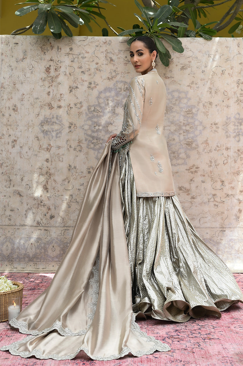 Pakistani Light Butterscotch Handworked Tissue Shirt & Silver Brocade Lehenga (3-Piece) - Image 2