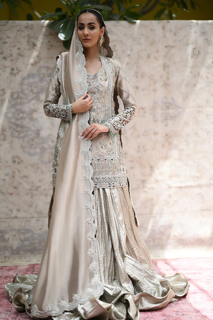Pakistani Light Butterscotch Handworked Tissue Shirt & Silver Brocade Lehenga (3-Piece) - Image 3