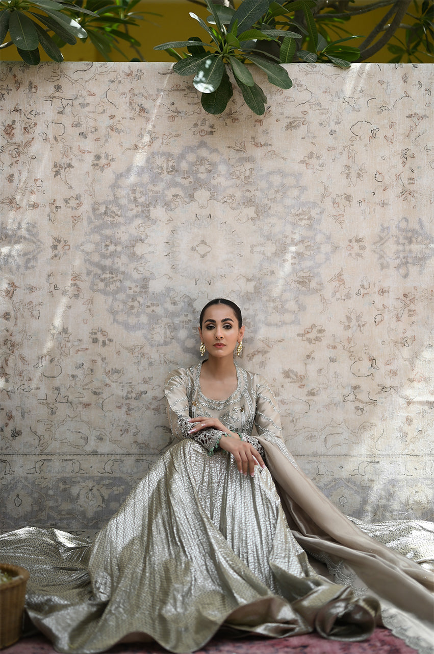 Pakistani Light Butterscotch Handworked Tissue Shirt & Silver Brocade Lehenga (3-Piece) - Image 4