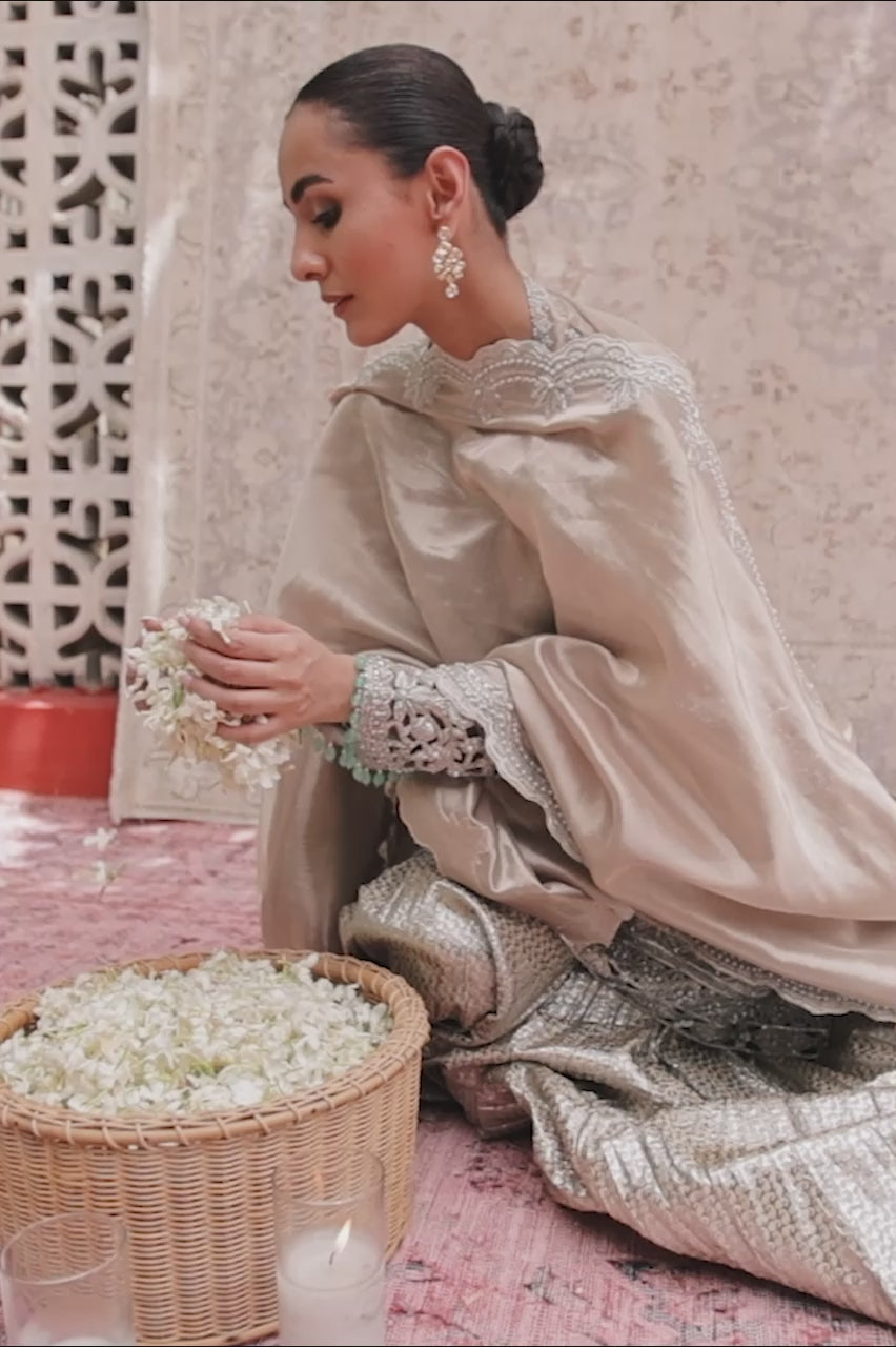 Pakistani Light Butterscotch Handworked Tissue Shirt & Silver Brocade Lehenga (3-Piece) - Image 6