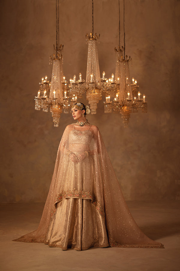 Pakistani Champagne Gold Hand-Embellished Brocade Angrakha Lehenga (3-Piece) - Image 3