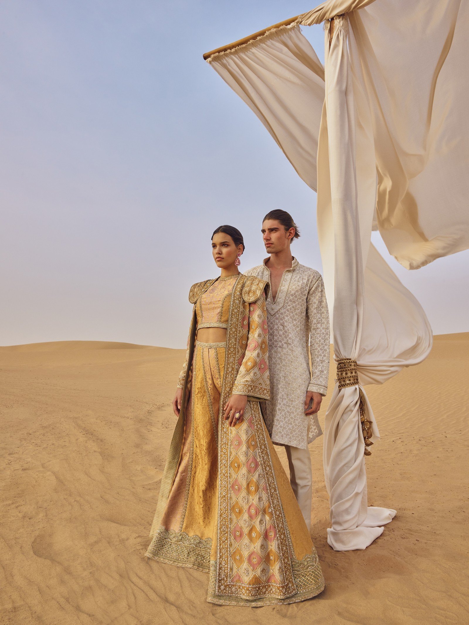 Pakistani Golden Mustard Embroidered Brocade Lehenga (2-Piece) - Image 1