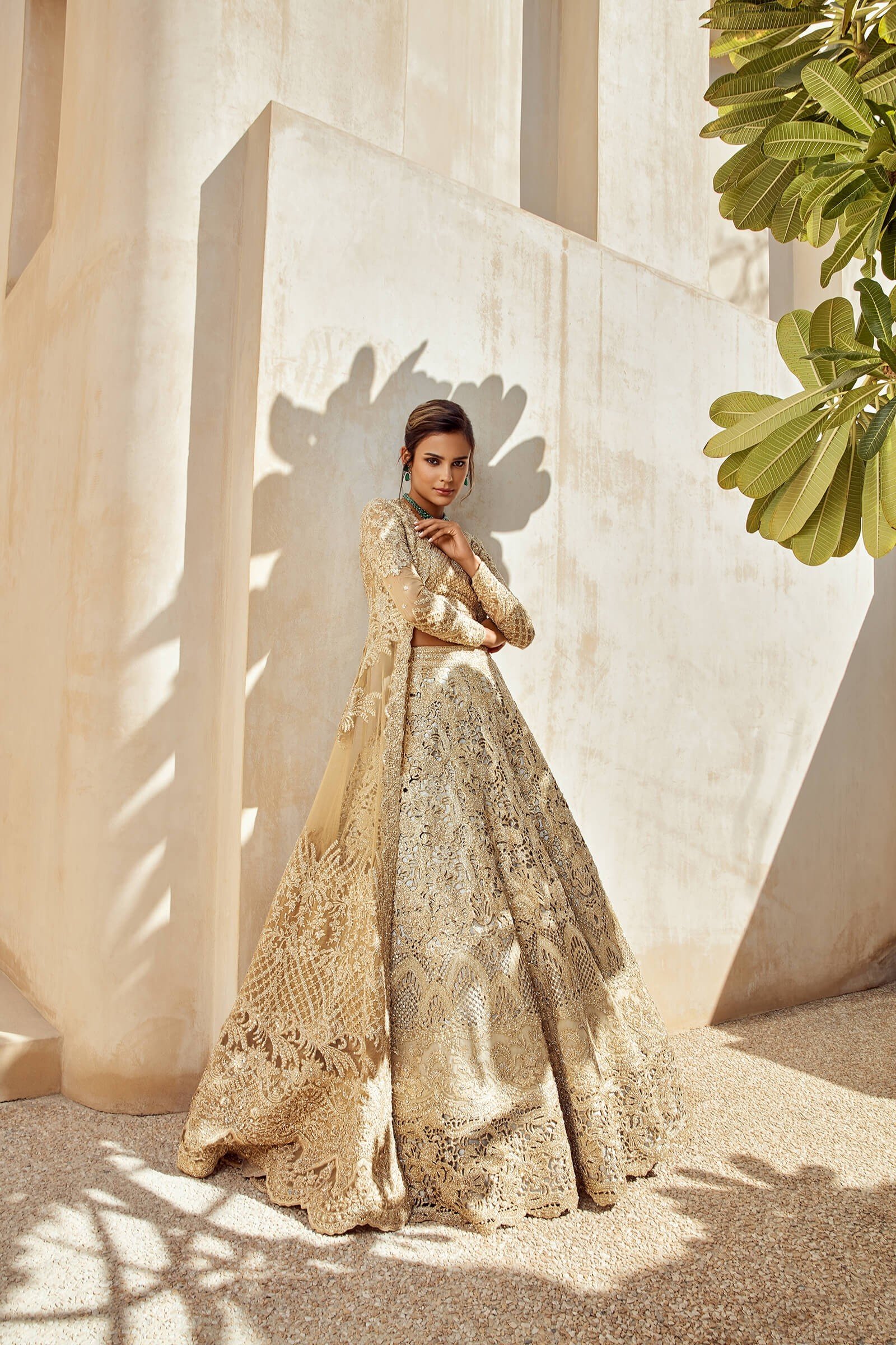 Gold Embroidered Brocade-Tissue Bridal Lehenga (3-Piece) - Image 1