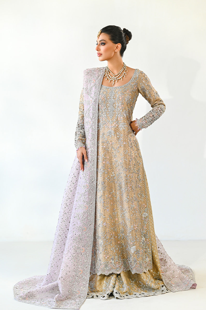 Champagne Zardozi Tissue A-Line Shirt & Brocade Lehenga (3-Piece) - Image 1
