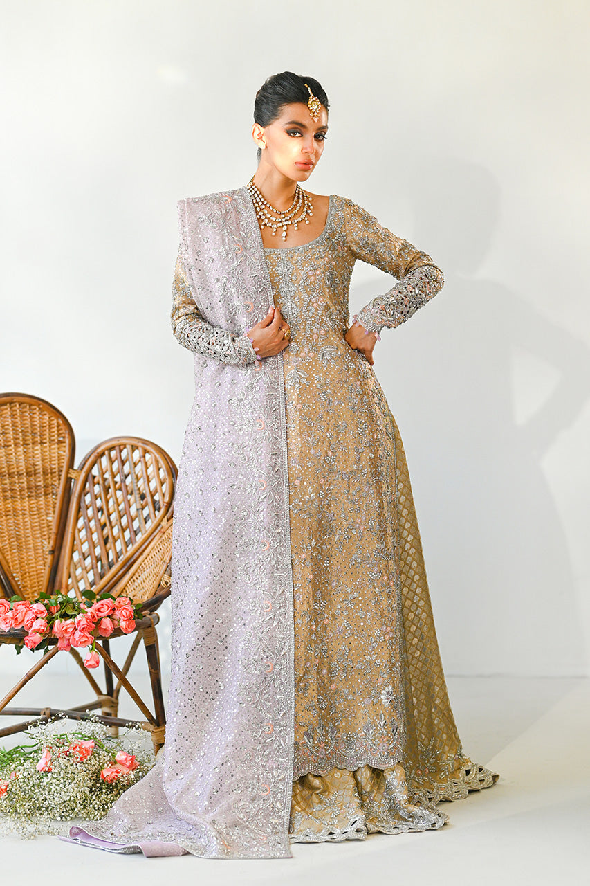 Champagne Zardozi Tissue A-Line Shirt & Brocade Lehenga (3-Piece) - Image 3
