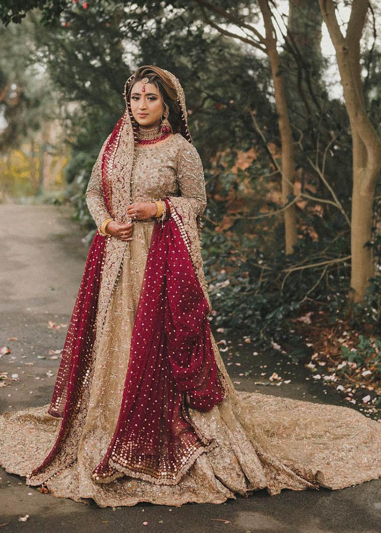 Antique Gold Embroidered Brocade Bridal Lehenga (3-Piece) - Image 1