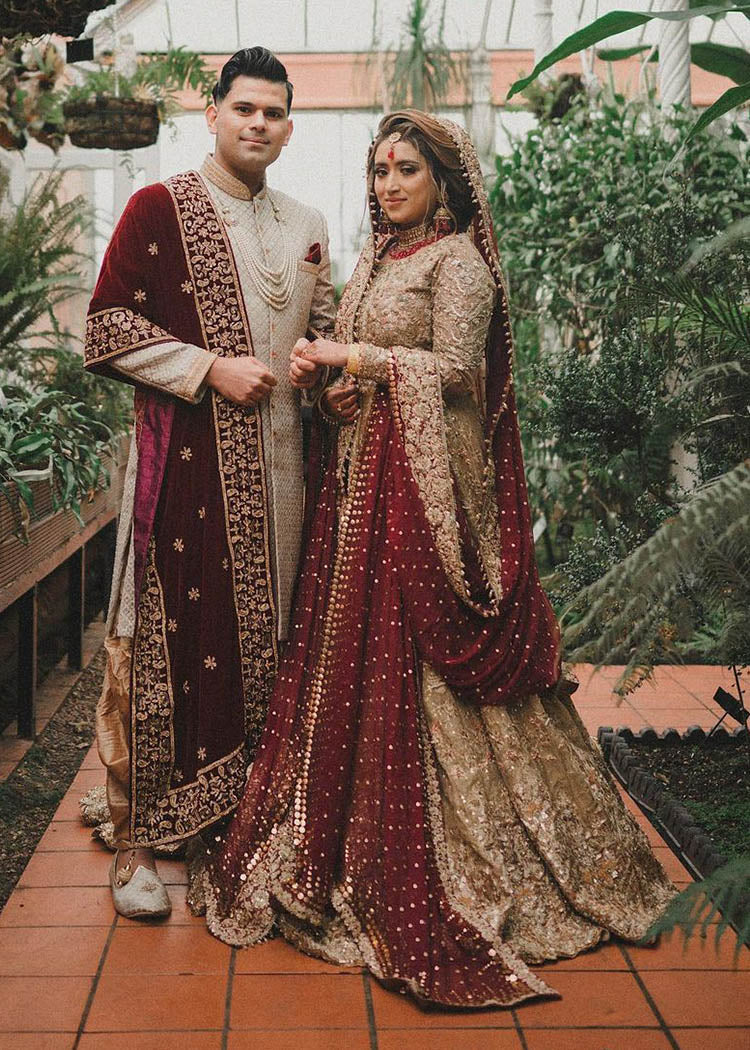 Antique Gold Embroidered Brocade Bridal Lehenga (3-Piece) - Image 2