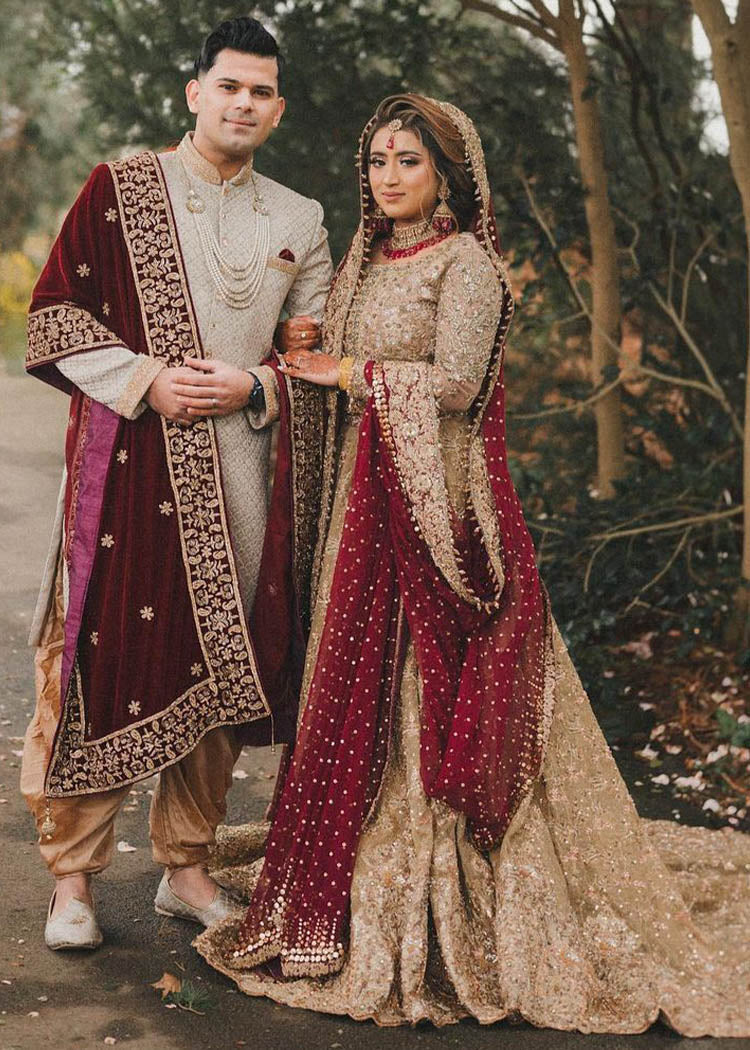 Antique Gold Embroidered Brocade Bridal Lehenga (3-Piece) - Image 3