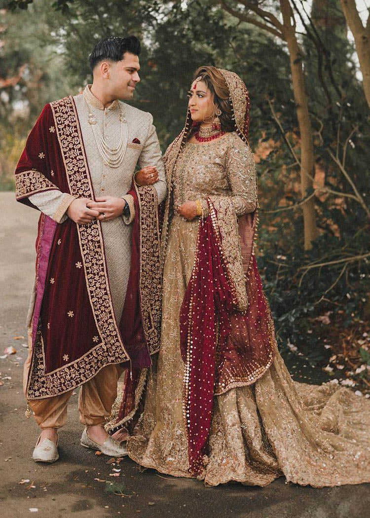 Antique Gold Embroidered Brocade Bridal Lehenga (3-Piece) - Image 4