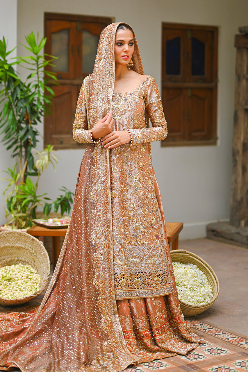 Rose Gold Zardozi Tissue & Brocade Bridal Lehenga (3-Piece) - Image 1