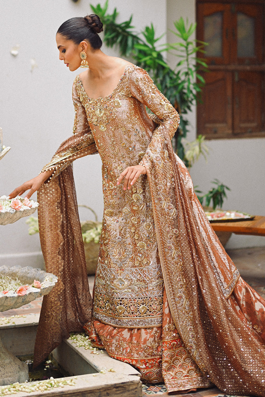 Rose Gold Zardozi Tissue & Brocade Bridal Lehenga (3-Piece) - Image 3