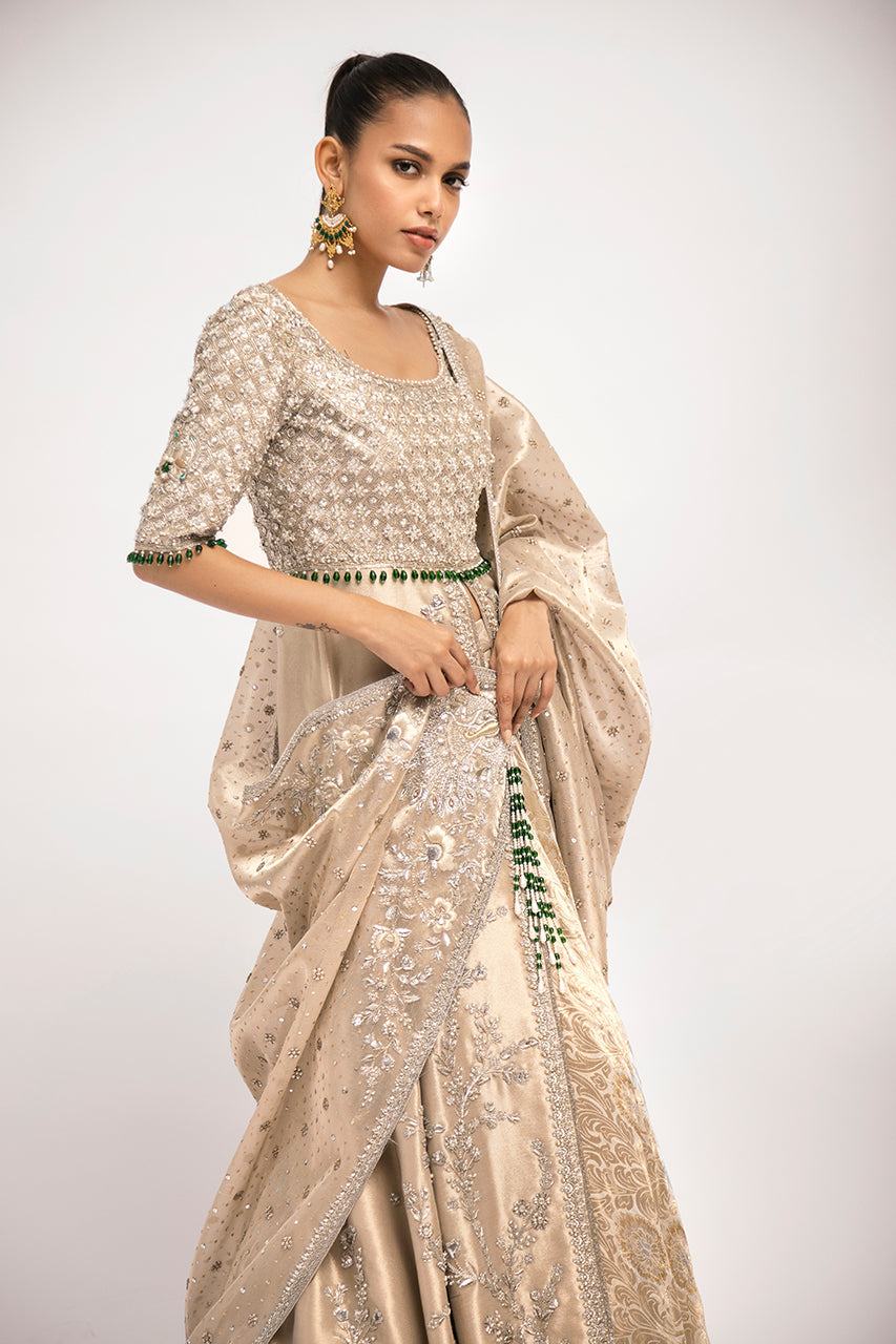 Gold Zardozi Tissue & Brocade Peshwas Lehnga (3-Piece) - Image 5