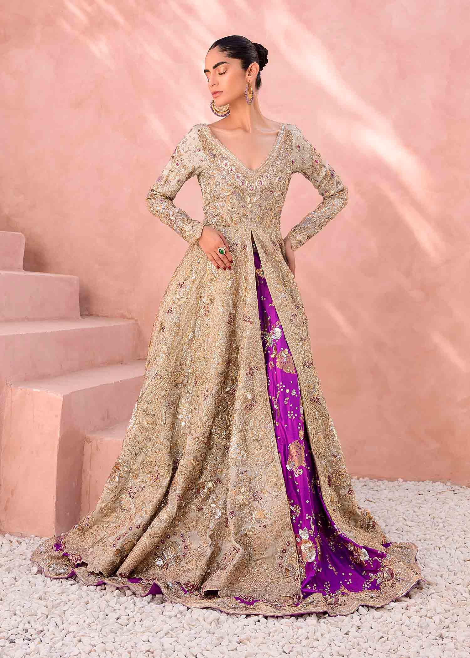 Pakistani Gold Embellished Silk Gown with Magenta Lehenga (3-Piece) - Image 4