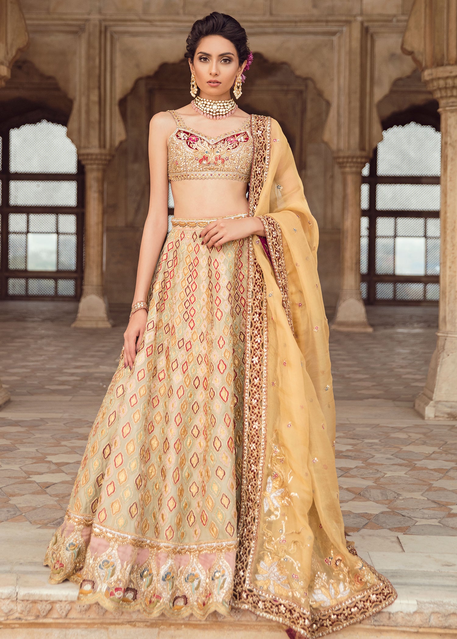 Gold Maroon Embellished Silk-Brocade Lehenga Choli (3-Piece) - Image 1